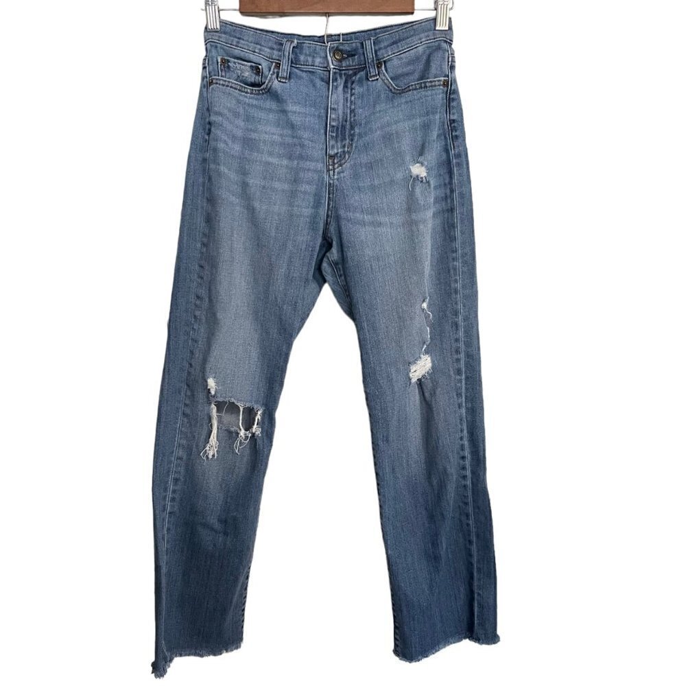Uniqlo Womens Distressed High Rise Raw Hem Straight Leg Baggy Jeans Size 23